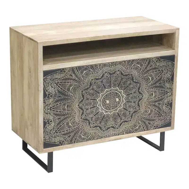 Bohemian Solid Mango Wood Accent Cabinet with Screen Printed Pattern, Natural Finish