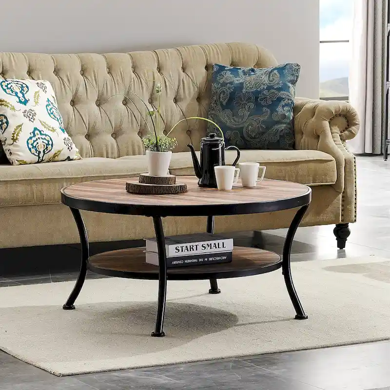 Industrial Round Metal Coffee Table with Shelf for Living Room,Home Office and Bedroom
