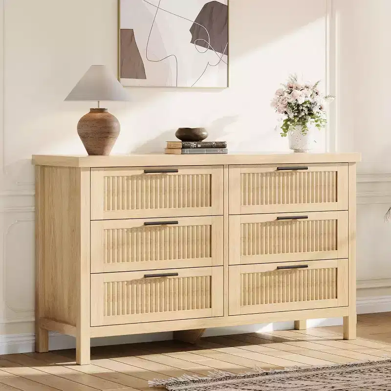 Fluted Dresser for Bedroom with 6 Drawers,Modern Chest of Drawers,Wooden Dresser TV Stand,Closet Clothes Storage Organizer for Living Room,Hallway
