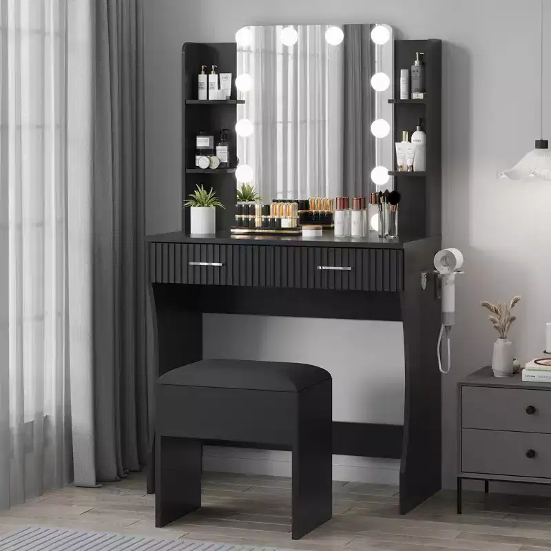 Garvee Makeup Vanity Desk with Mirror and 12 LED Lights, Modern Dressing Table Furniture with Hair Dryer Holder Stool for Bedroom