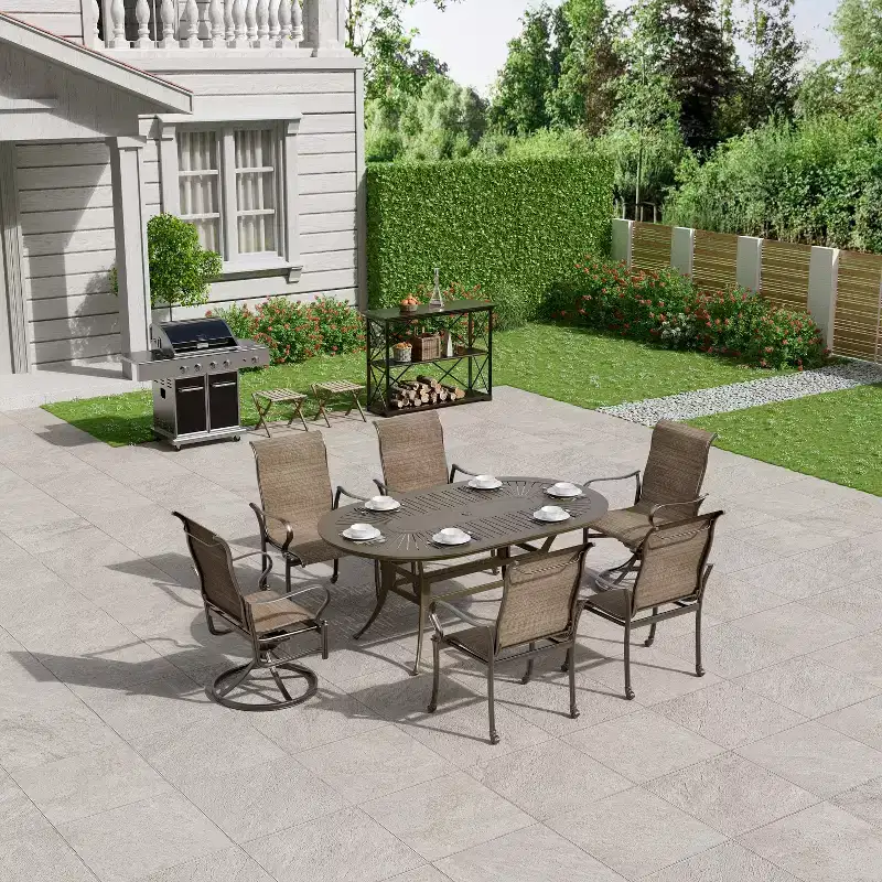 Mondawe 7 Pieces Cast Aluminum Outdoor Patio Dining Set with 2 Swivel Chair and 4 Armchairs and 1 Oval Table