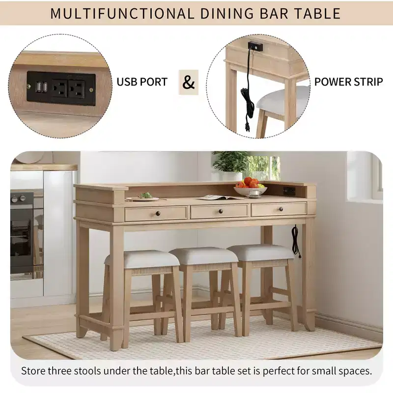 Whisen 4-Piece Dining Bar Table Set with 3 Upholstered Stools and 3 Drawers