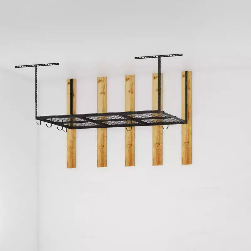 3'x6' Overhead Garage Storage Ceiling Rack with 8 Accessory Hooks Black