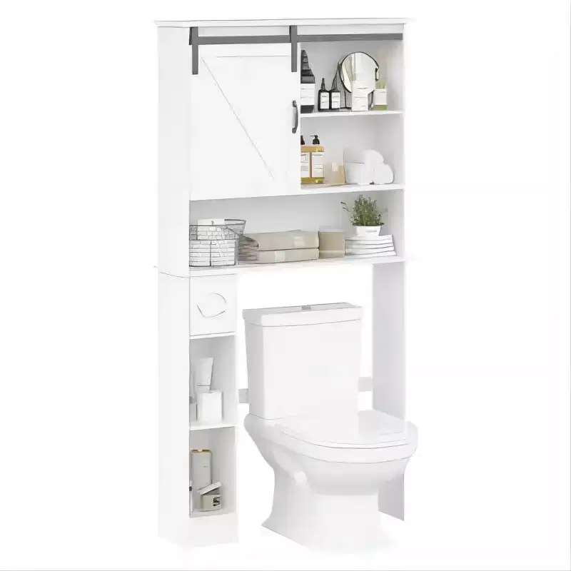 White Over Toilet Storage Cabinet with Barn Door and Tissue Holder
