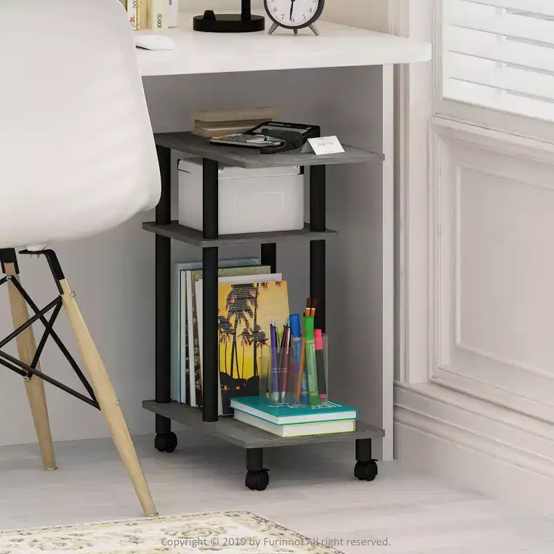 Furinno U-Shape Rolling Storage Cart Sofa Side End Table w/Open Display Shelf,Oak