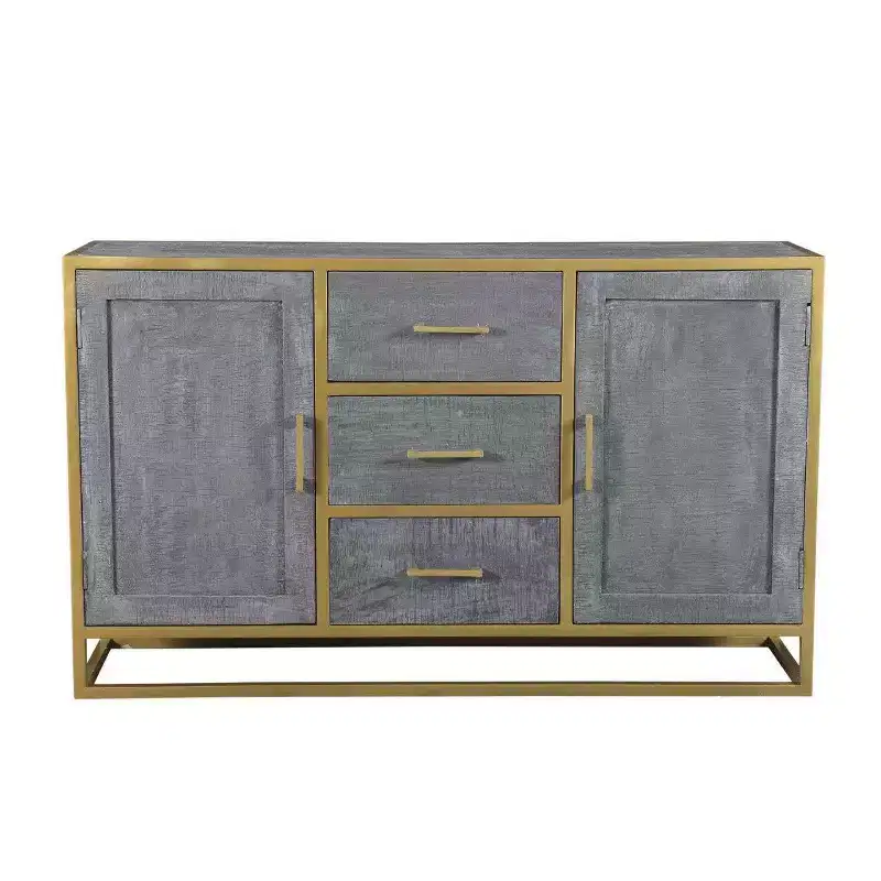 Raven Mango Wood Dining Sideboard Brown - : Sturdy Metal Frame, 3 Drawers, 2 Doors