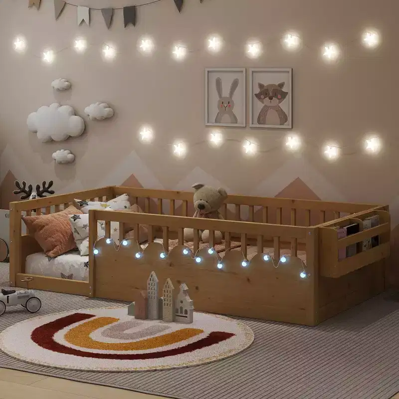 Natural Wood Floor Bed Frame with High Rails, Built-In Light & Storage Shelf for Kids