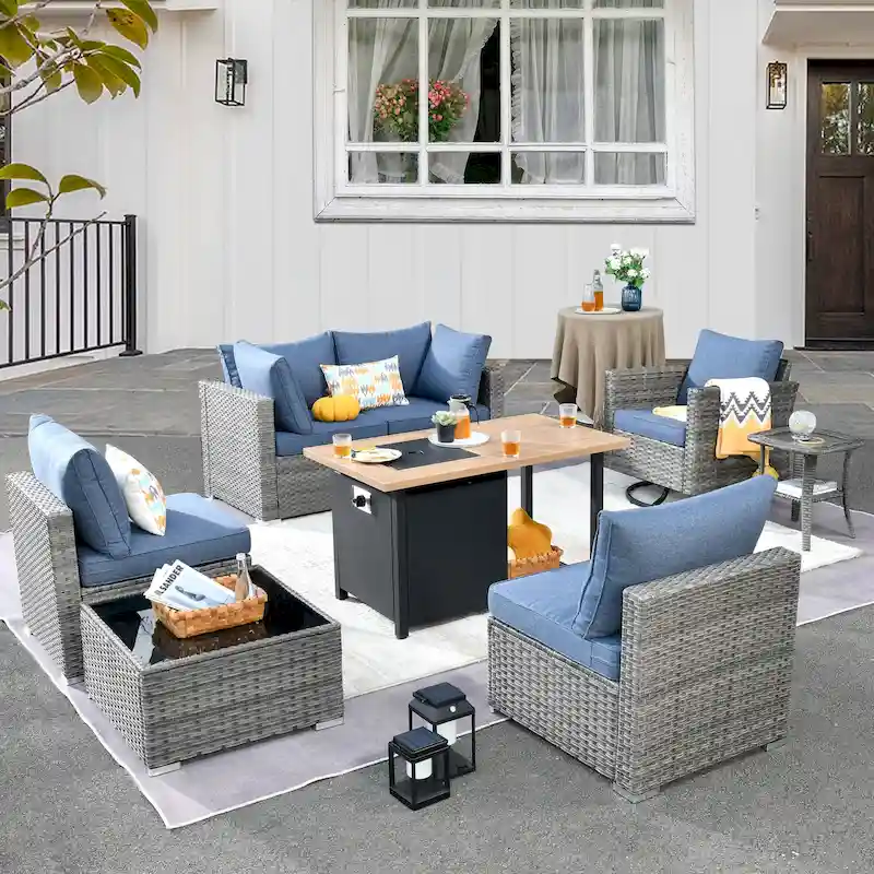 HOOOWOOO 8-piece Grey Wicker Outdoor Patio Furniture Sectional Set with Fire Pit