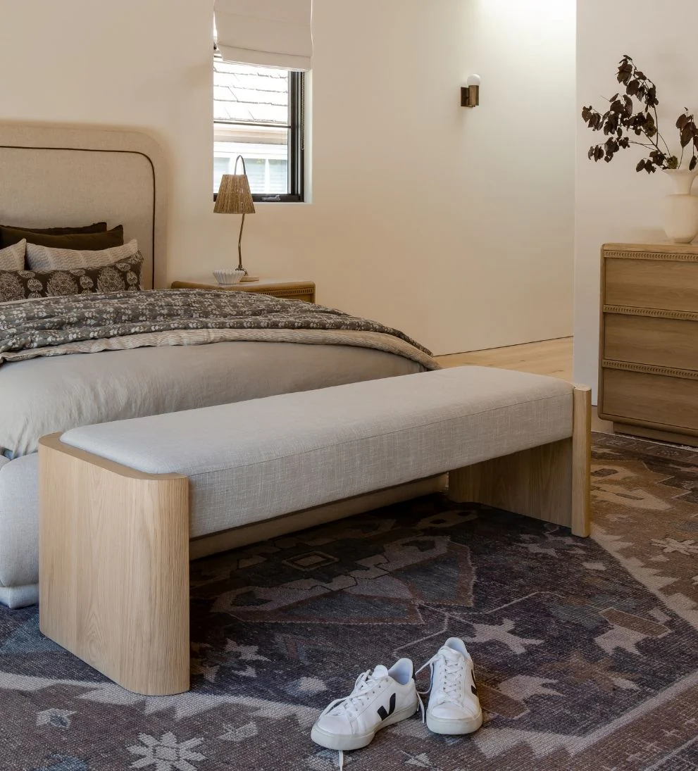 White Oak Curved Bench ¨C Sculpted Oak Bench with Soft Rounded Edges, Plush Cushioned Seat, Minimalist Versatile Design for Bedroom or Entryway, 66W x 22D x 19H