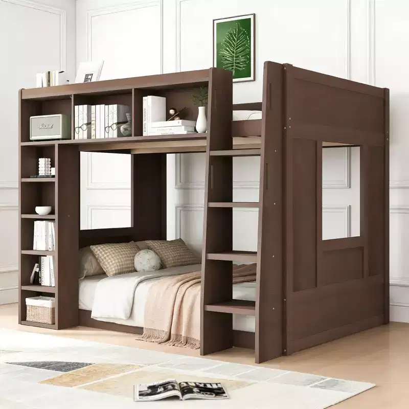 Queen Wood Loft Bed with 8 Storage Shelves for Apartment
