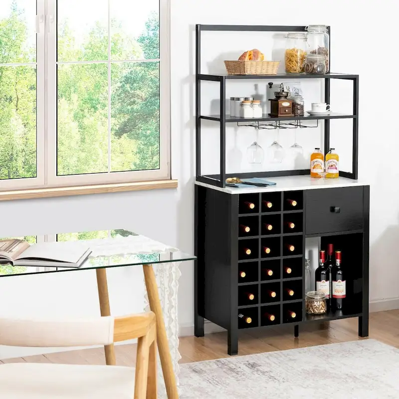 Gymax Kitchen Bakers Rack Freestanding Wine Rack Table w/ Glass Holder