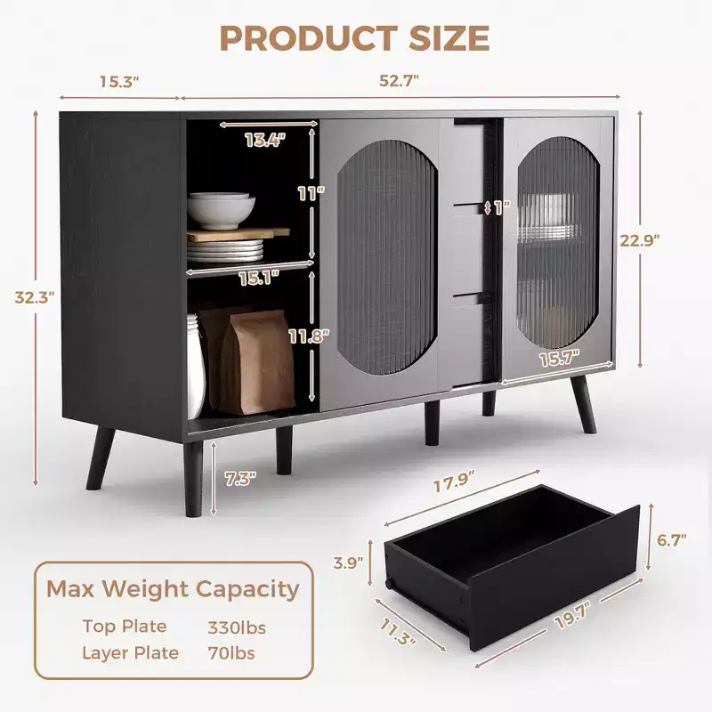 GustoWave 52.7'' Buffet Cabinet with Storage, Sideboard Cabinet with Fluted Glass Sliding Doors and Drawers, Black Sideboard for Kitchen