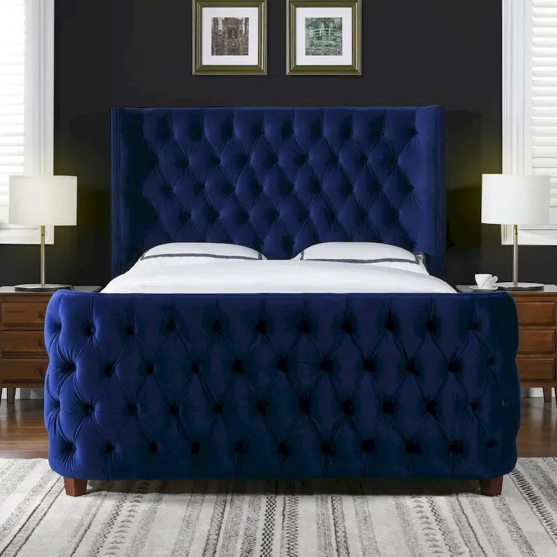 Velvet Upholstered Tufted Sheltered Panel Bed Set