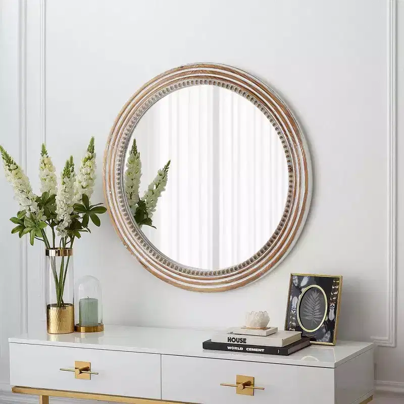 Farmhouse Round Decorative Wall Mirror with Beaded Decor, Rustic Wood Frame for Home Antique Natural
