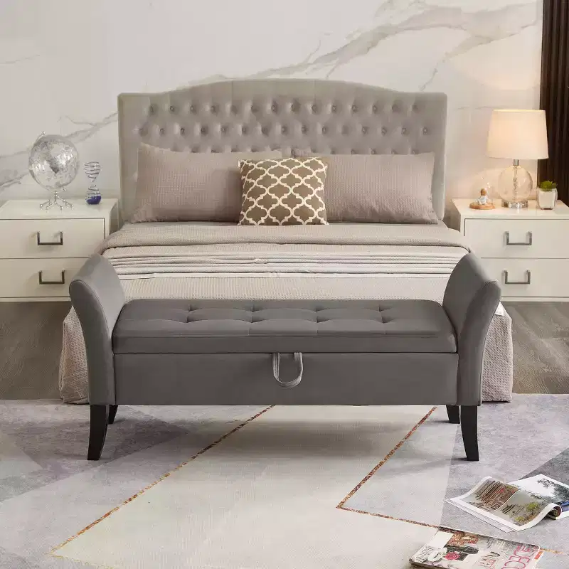 Velvet Tufted Storage Bench with Curved Arms & Solid Wood Legs, Gray Ottoman