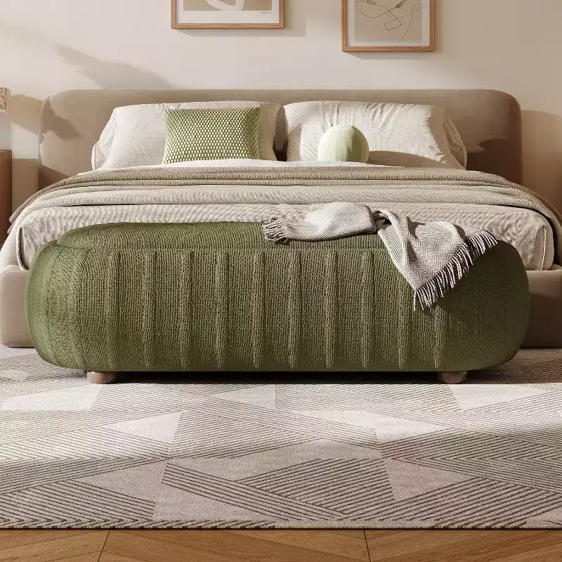 Modern Wooden Boucle Upholstered Oval Ottoman