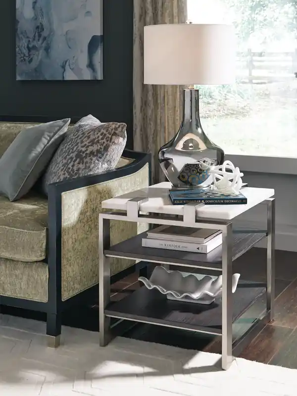 22 Modern End Table with Shelf - White Marble Top with Brushed Platinum Frame