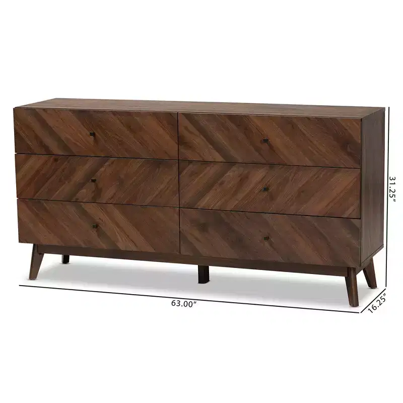 6-Drawer Dresser Walnut Brown Mid-Century Modern 63
