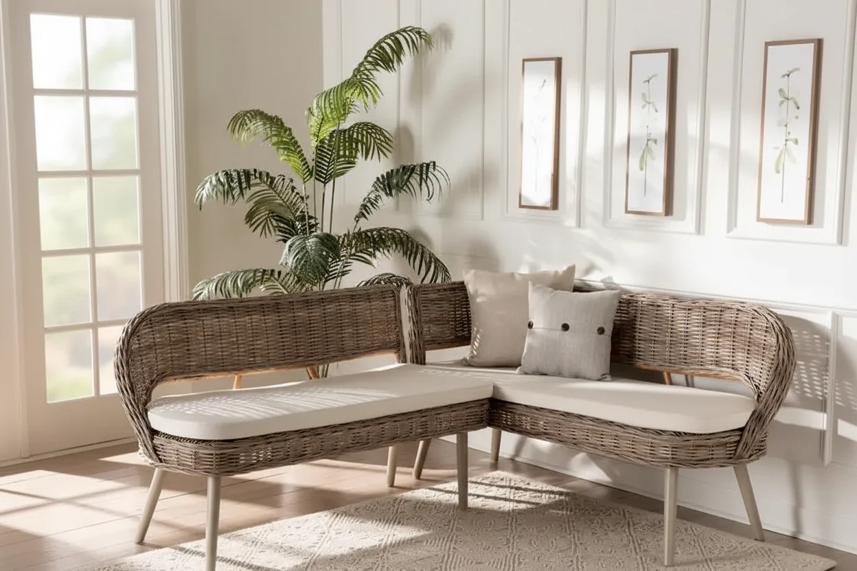 Modern Bohemian Natural Kubu Rattan and Acacia Wood Dining Nook Banquette