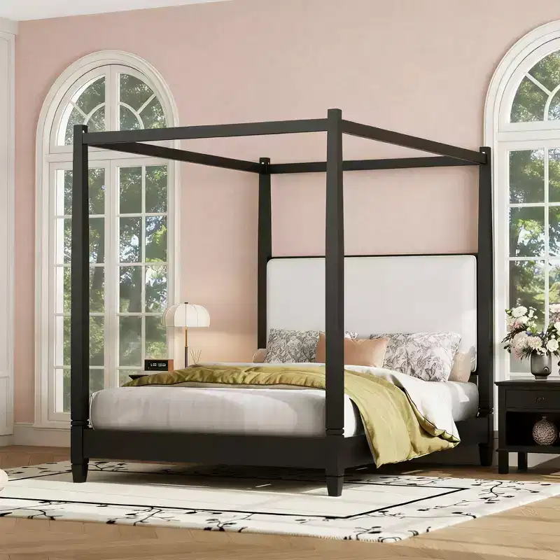 Modern Canopy Platform Bed with Upholstery Headboard for Bedroom