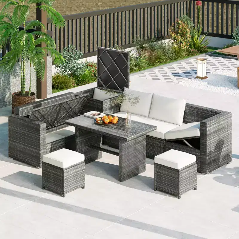 Whisen 6-Piece Outdoor PE Rattan Sofa Set with Storage Box & Removable Covers