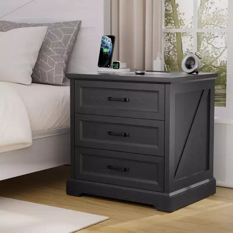 Modern Rustic Bedside Table Nightstand 3 Drawers with Charging Station for Bedroom or Living Room