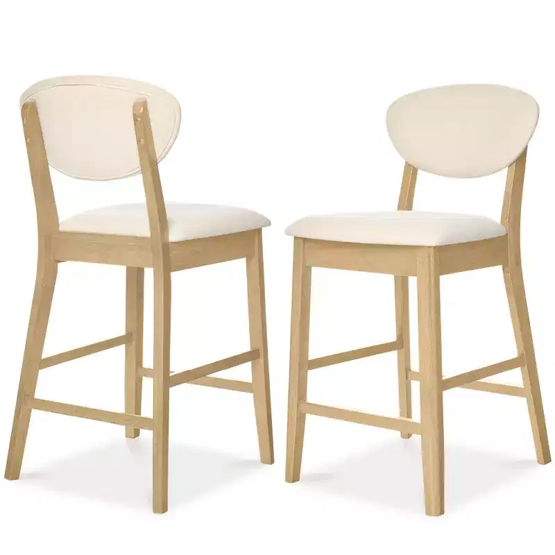 2-Piece Mid-Century Modern Wood and Upholstered Counter Height Bar Stool Set