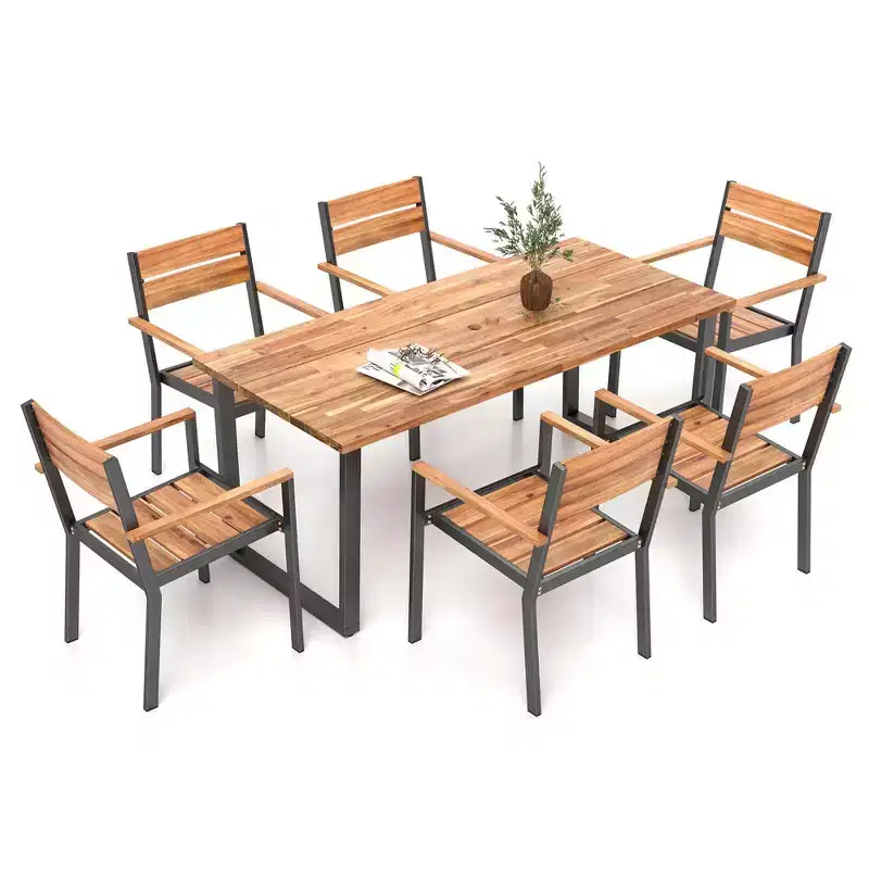 Costway 7 PCS Acacia Wood Patio Dining Set 6 Armchairs and 69 Table with 2 Umbrella Hole