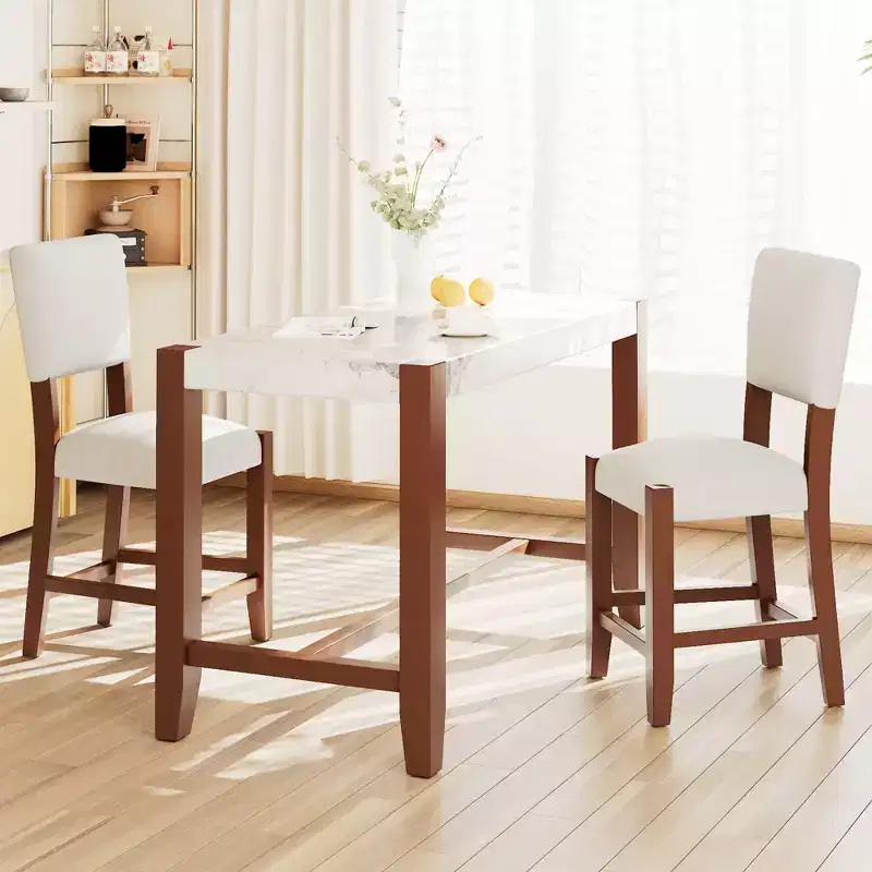 3/5-Piece Counter Height Dining Table Set, Faux Marble Table & Upholstered Chairs with Rubber Wood Legs, Brown - ModernLuxe