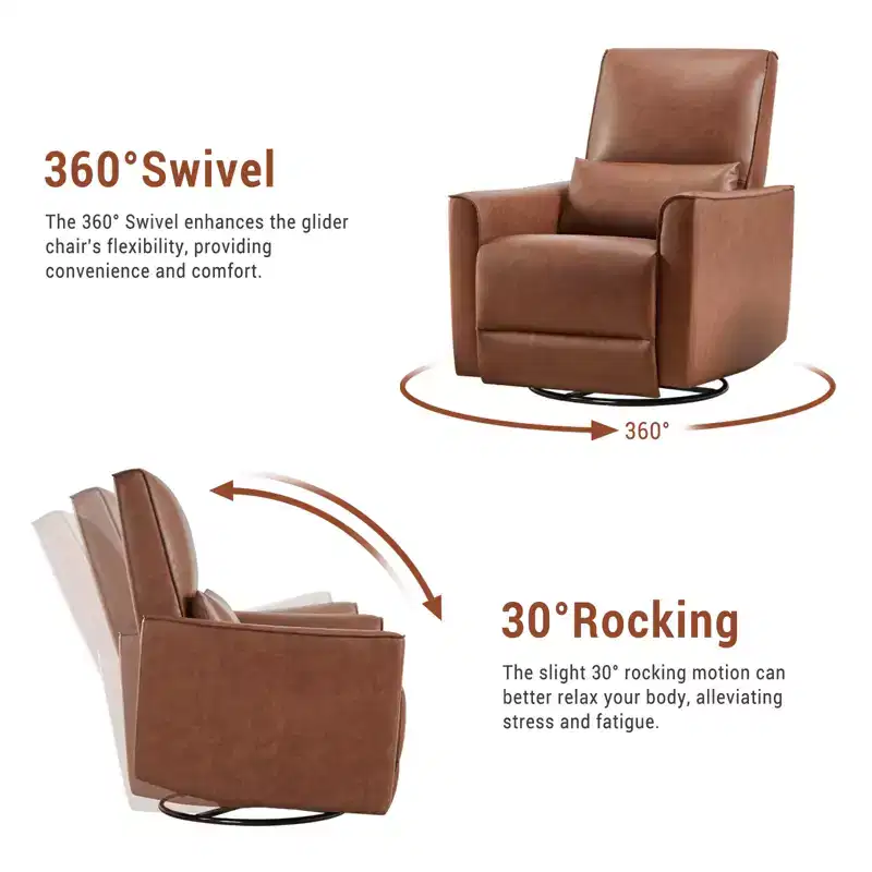 Swivel Rocking Recliner Chair, Manual Leather Recliner Glider, Comfortable Rocker, for Living Room, Bedroom, Brown