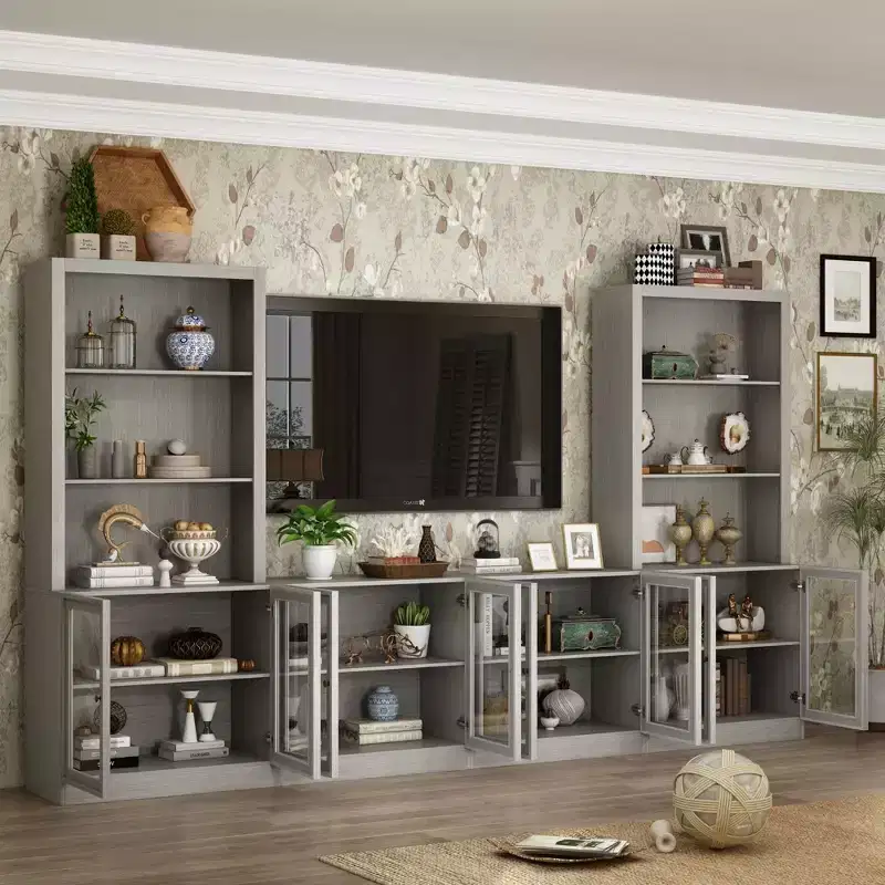 Gray Modular TV Console Entertainment Center with Tempered Glass Doors, 126