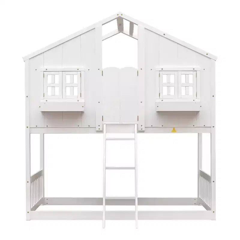 MAYEERTY Twin Over Twin House Bunk Pine Wood Bed with Roof Window Box Door Guardrails Ladder Brown for Bedroom