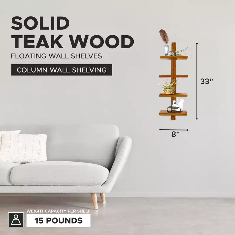 texxture 4 Shelf Floating Wall Shelves, Wooden Vertical Shelving for Home Display, Storage, or Room Dcor, Takara Column Small, Teak Wood