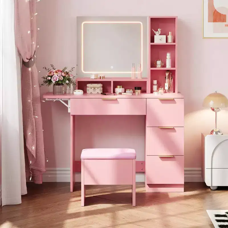DAY & NIGHT 54.7 Lighted Vanity Desk Combo with Storage Stool, Drawers, Open Shelves 3-Tone Mirror, 4 Drawers, Power Stool & Metal Frame, Pink