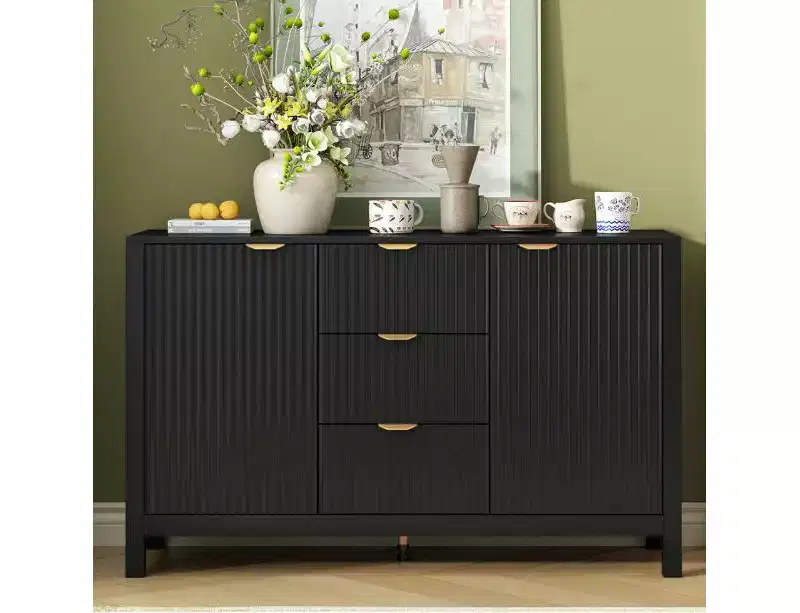 Wave-shaped entryway cabinet with 3 drawers, 3 adjustable shelves, soft-close doors, and metal handlesideal for hallways,or living rooms