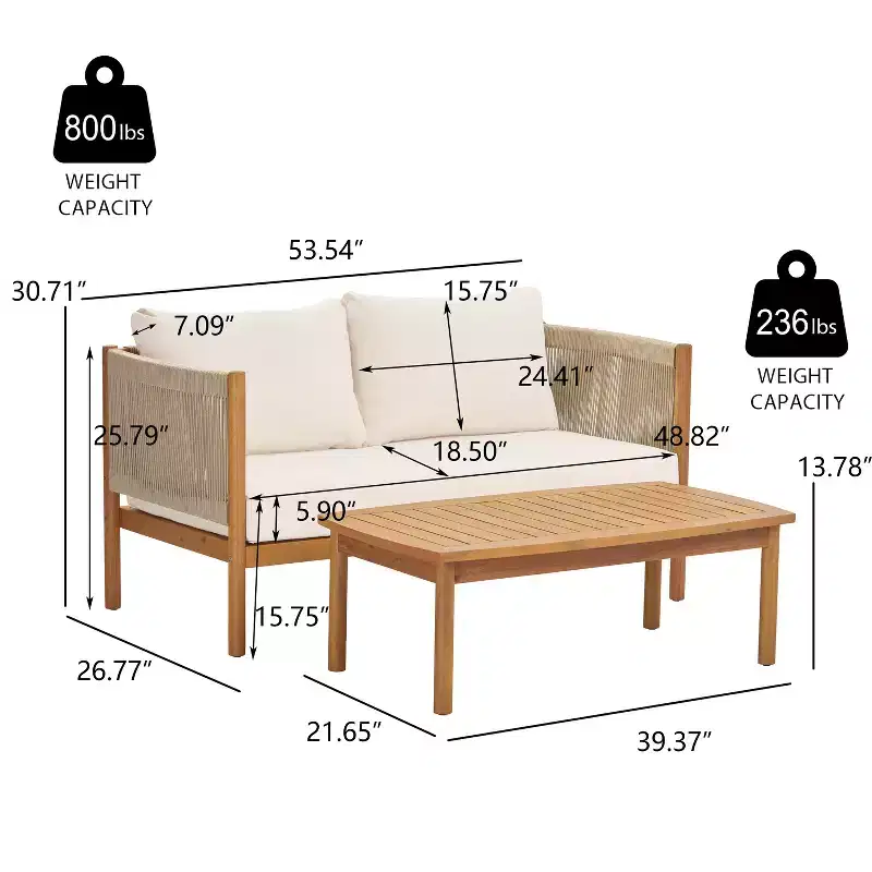 Christopher Knight Home Bradley Patio Modern Acacia Wood 2-Piece Loveseat and Coffee Table Set with Woven Rope Panels and Cushions