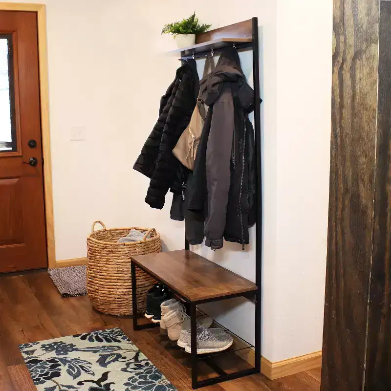 Indoor Industrial-Style Hall Tree Bench with Coat/Shoe Rack - MDP Shelves with Powder-Coated Steel Frame - Brown - 67 in