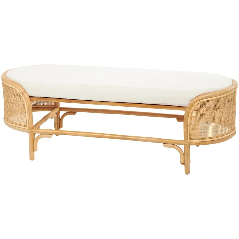 Rattan Handmade Oval Bench with White Fabric Cushion - Brown - Roche River Decor - 18Wx49Lx17H