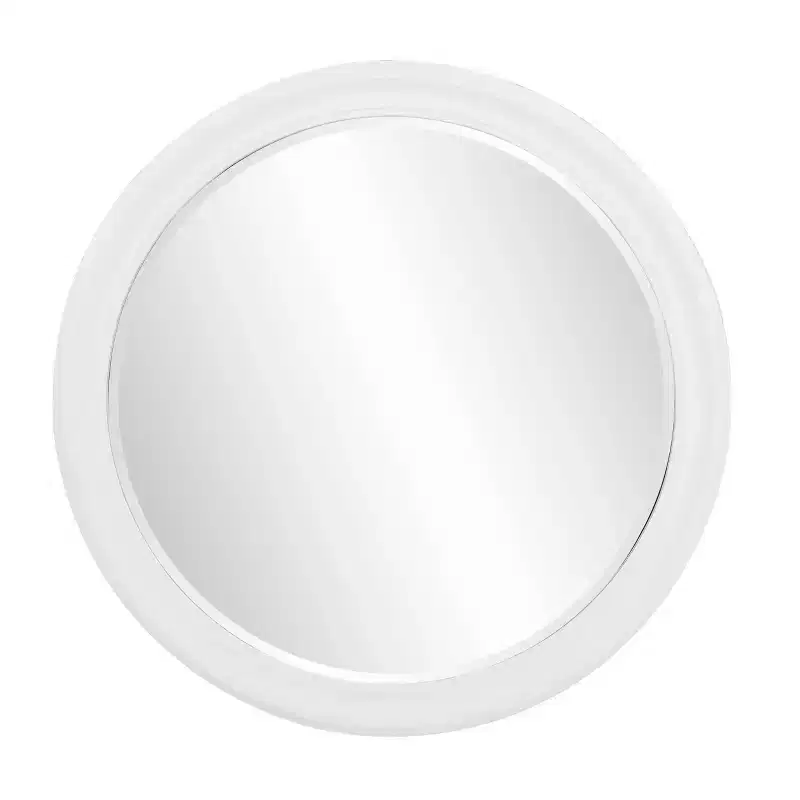 36" Round Matte White Wood Framed Beveled Mirror