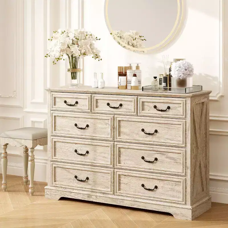 Dyonery Farmhouse 9 Drawer Dresser Chest, 52 Wide Wood Top Storage Organizer for Bedroom, Living Room, Entryway