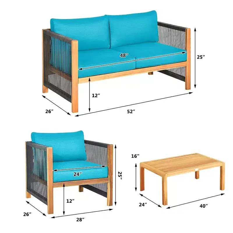 Costway 4PCS Wooden Patio Furniture Set Cushioned Sofa W/Rope Armrest White\Turquoise\Red
