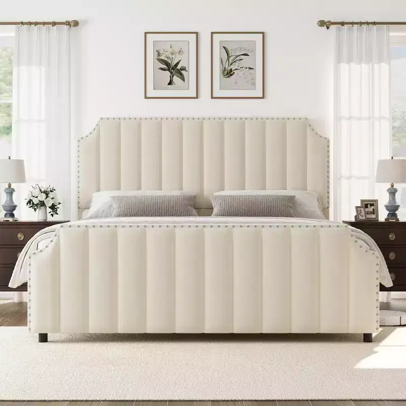 King Velvet Bed Frame with 50.2 Vertical Channel Tufted Headboard & Footboard, Nailhead Trim, Upholstered Platform Bed