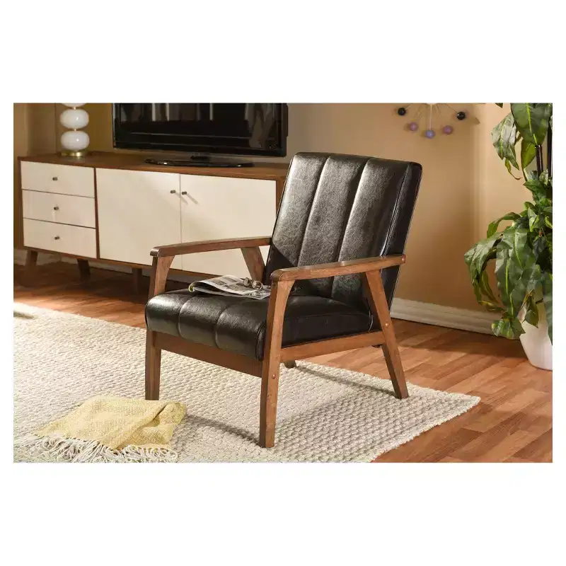 Nikko Mid - Century Modern Scandinavian Style Faux Leather Wooden Lounge Chair - Dark Brown - Baxton Studio