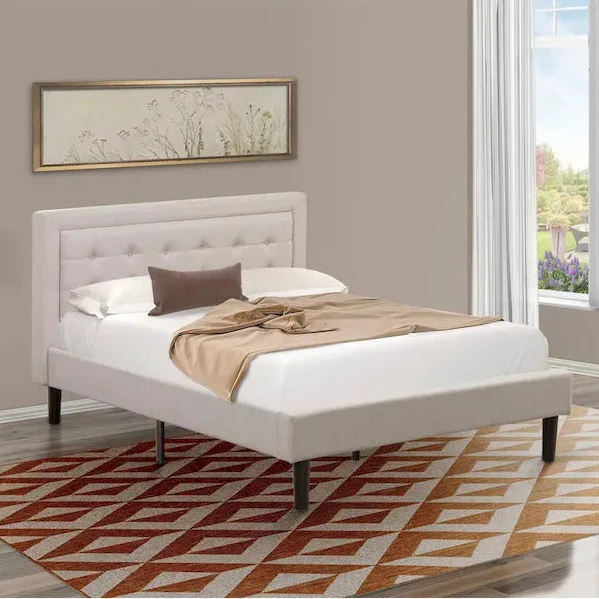 Platform Bed - Upholstered Linen Fabric Headboard with Button Tufted Trim - Black Legs