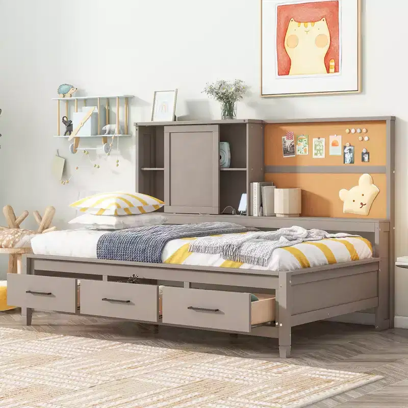 Twin Size Daybed with Storage Shelves, Cork Board, USB Ports and 3 Drawers - ModernLuxe