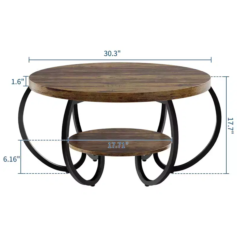 30 Inch Round Industrial Coffee Table 2-Tier with Adjustable Feet Wood Grain Shelf Flame Design Easy Assembly Living Room