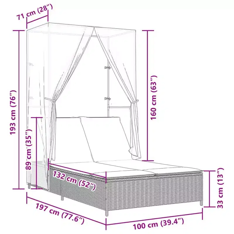 vidaXL Double Sun Lounger with Roof and Curtains Poly Rattan