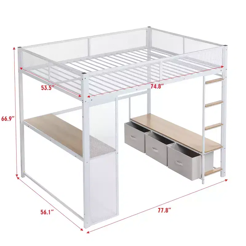 Bellemave Full Size Metal Gaming Loft Bed with LED, Desk, Open Wardrobe and 3 Linen Storage Drawers,White