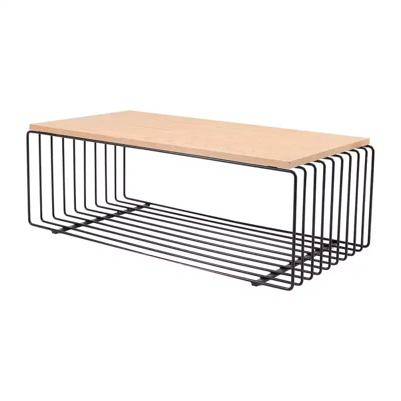 LeisureMod Walden Modern Rectangular Coffee Table - Wood Veneer Top with Architectural Ribbed Wireframe Steel Base