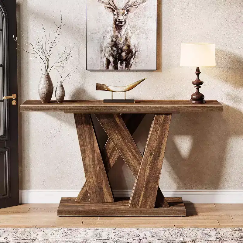 Lantine 55.12-Inch Farmhouse Console Table, Modern Behind The Couch Table with Geometric Base, Narrow Sofa Table Wood Long Entryway Table